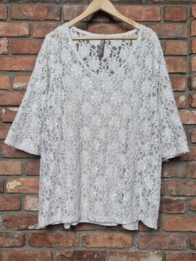 Penningtons 2X Ivory Floral Lace Tunic Top Attached Cami Romantic Sheer Sleeves